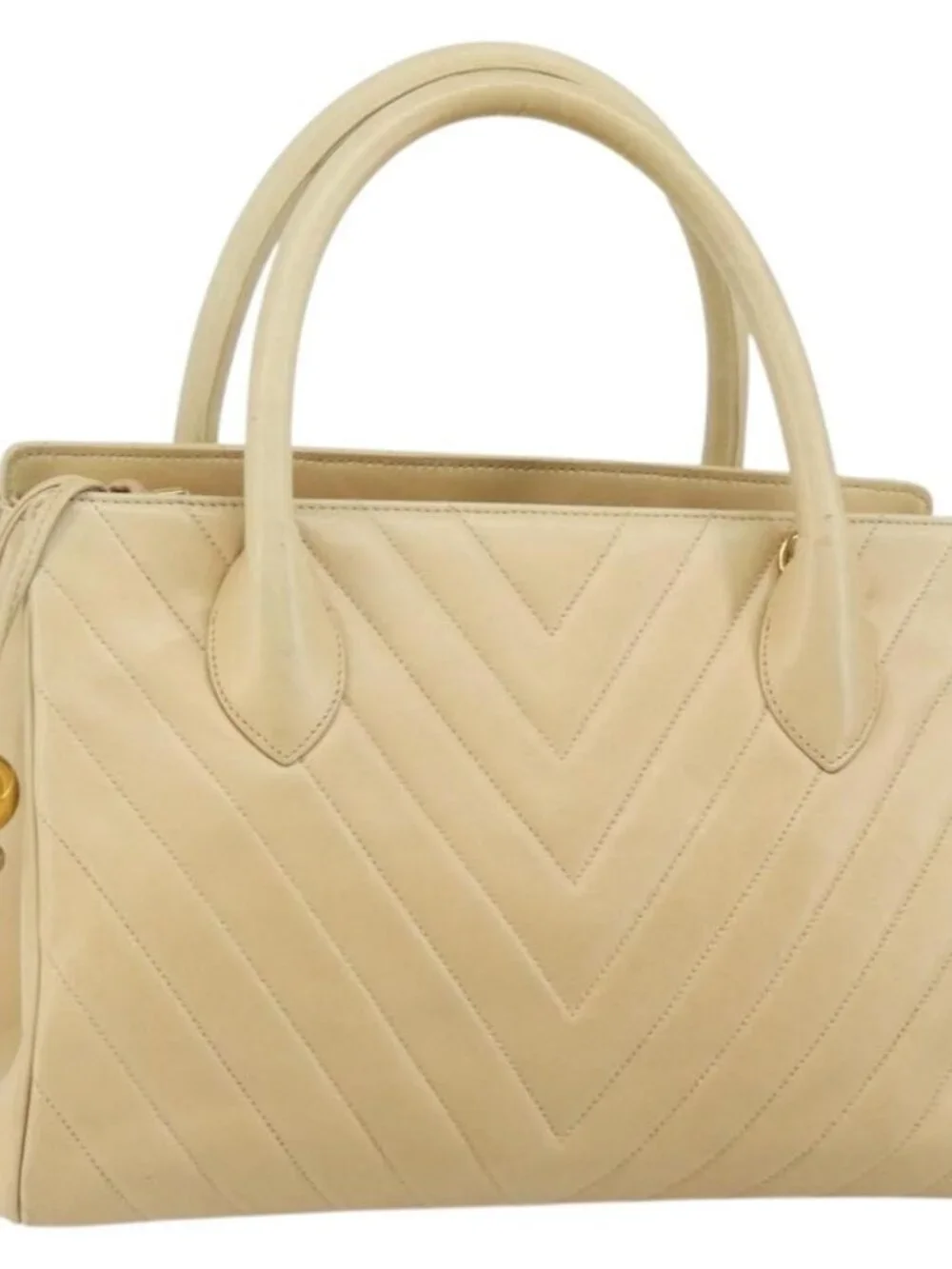 CHANEL V Stitch Hand Bag Lamb Skin Beige Gold CC Auth 128926